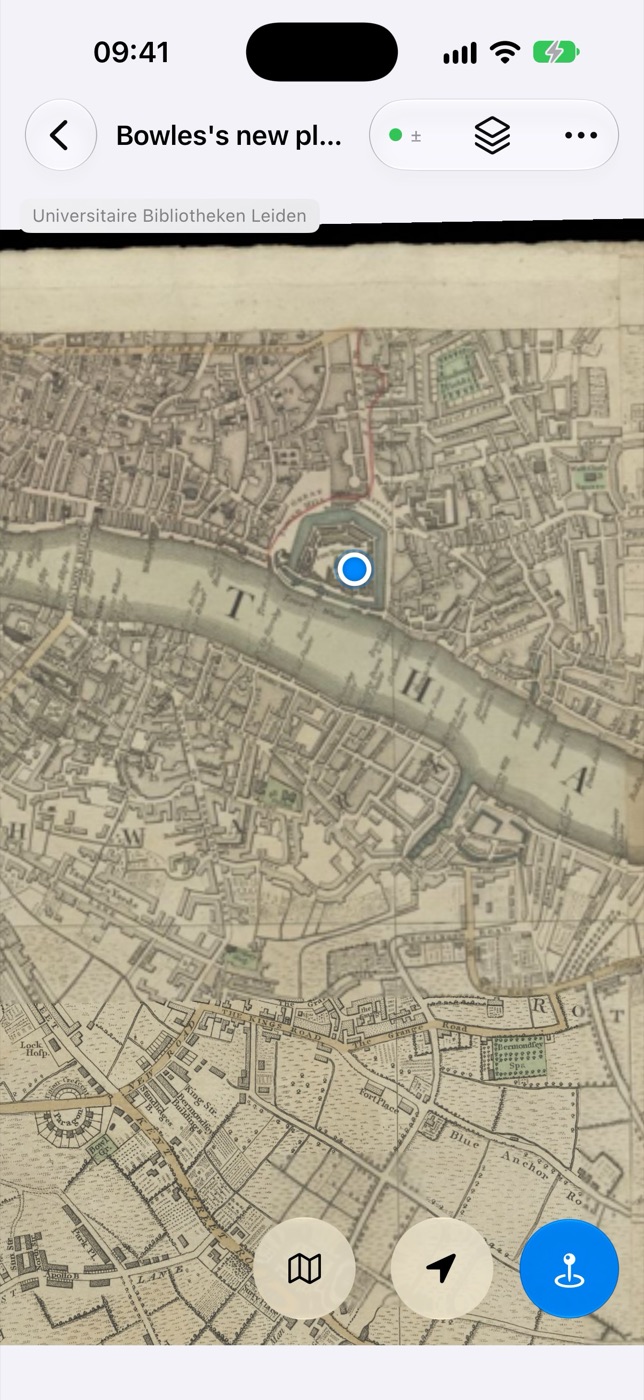A historic map in Terra Nota, showing the user's position and pins